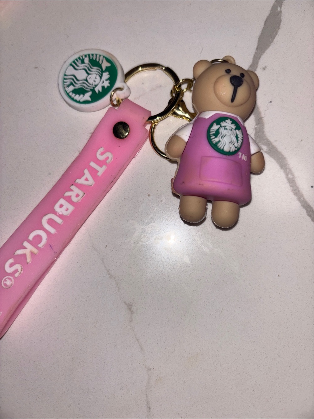 Starbucks Pink Bear Keychain with Gold Ring and Green Logo